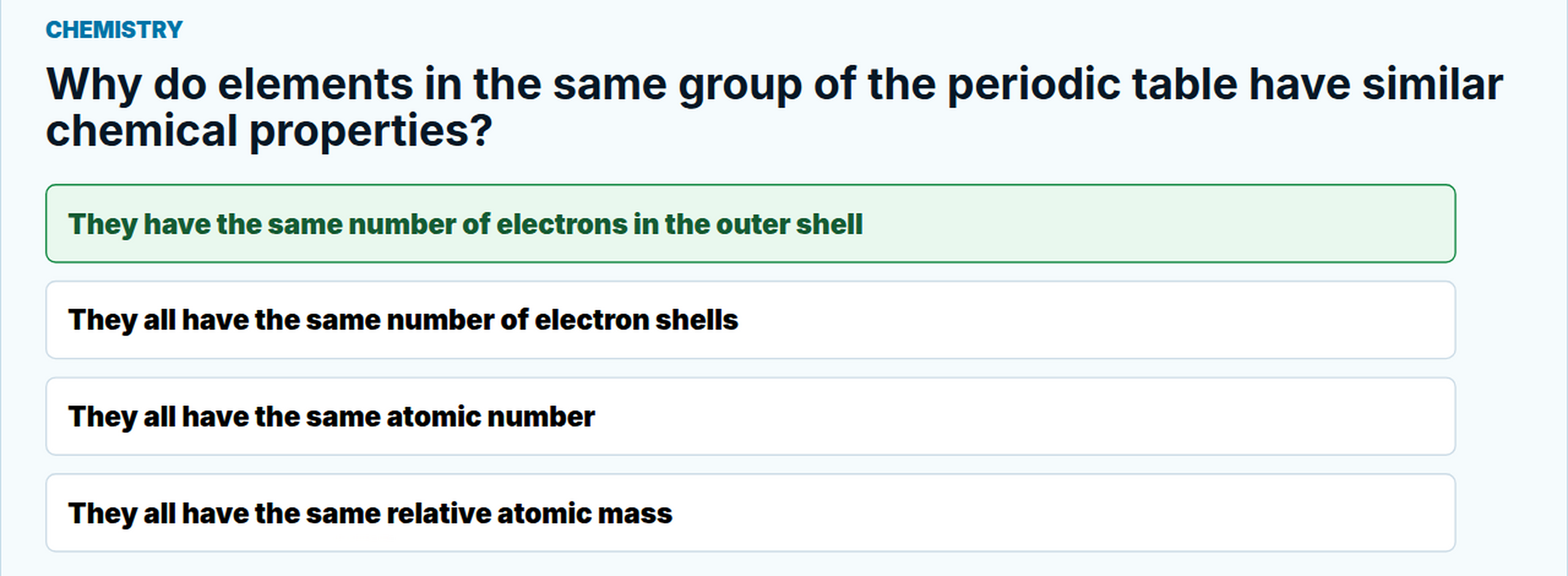 Real renderer screenshot of a chemistry multiple-choice question with the correct answer displayed