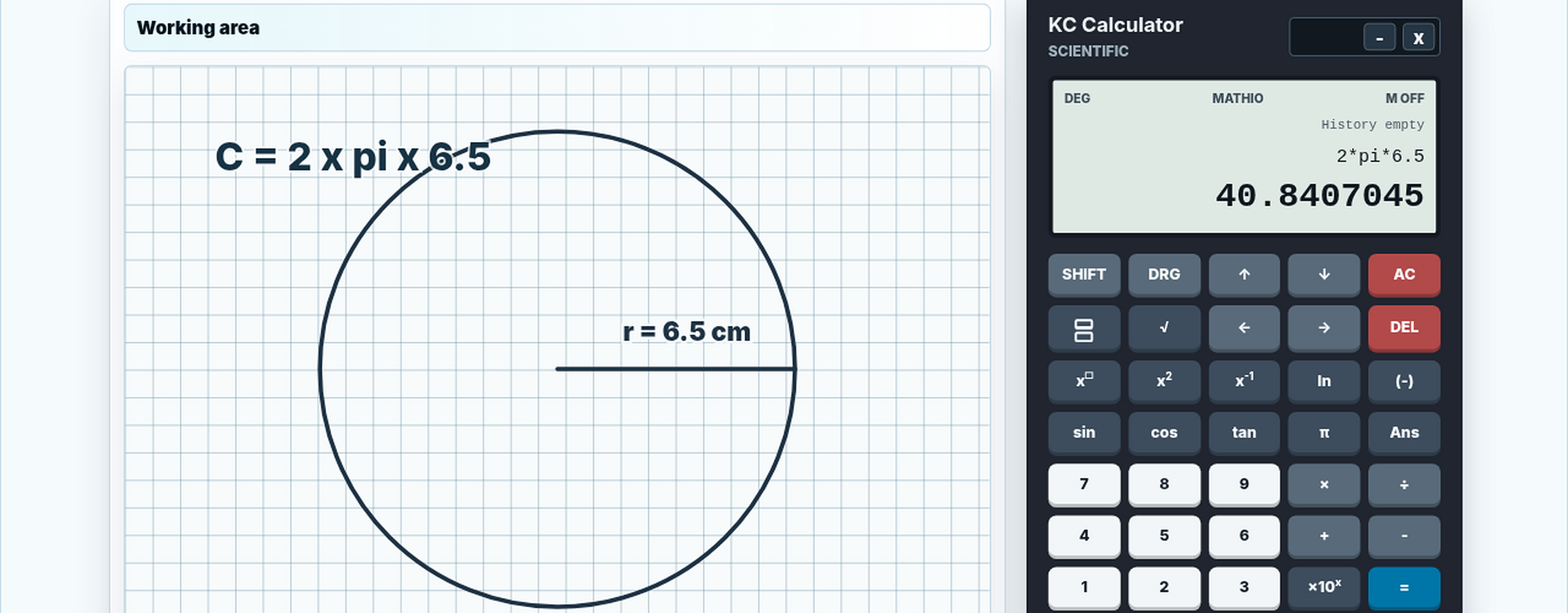 Real renderer screenshot of a calculator-enabled maths question with KC Calc and drawing canvas