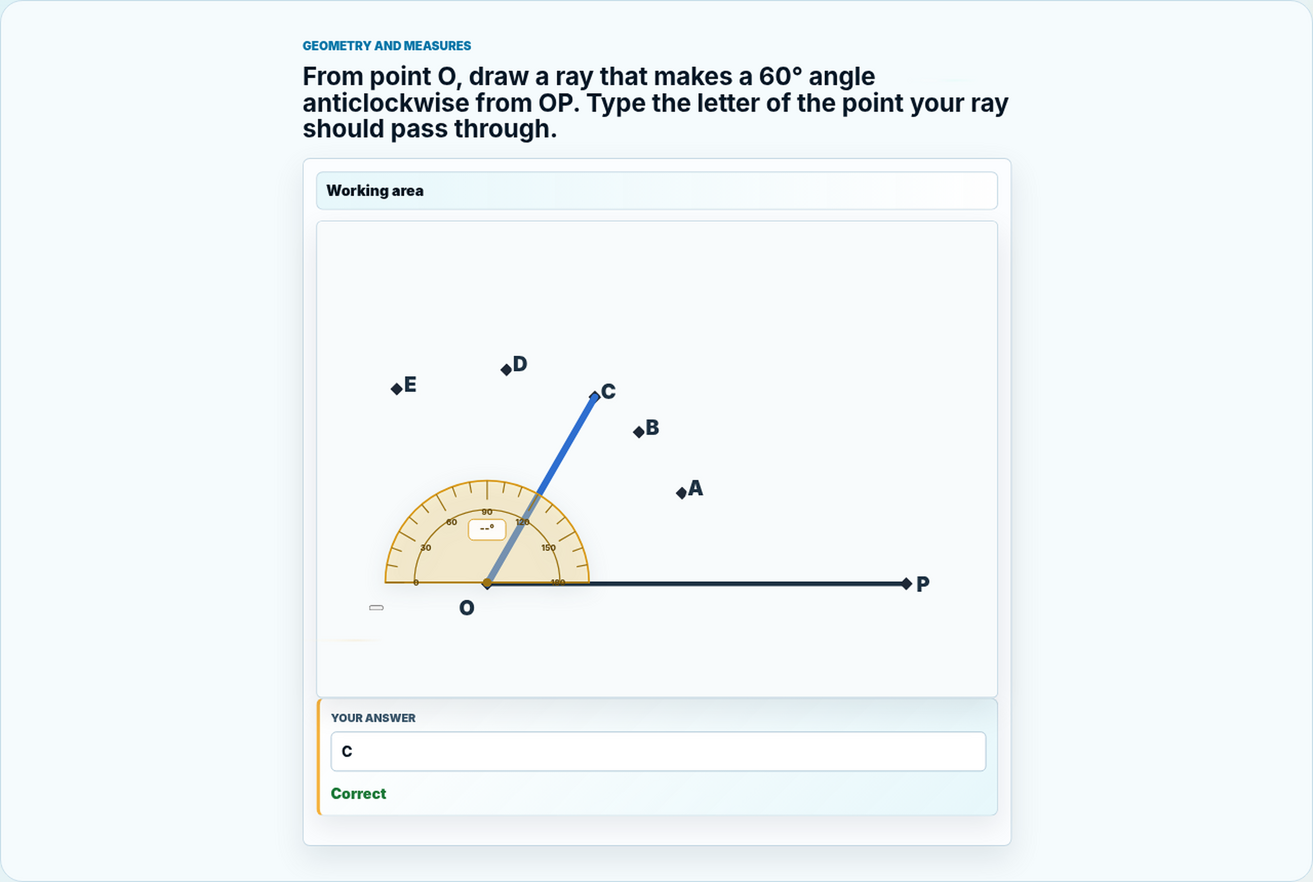 Real renderer screenshot of the protractor question with line drawn to C and the correct answer displayed