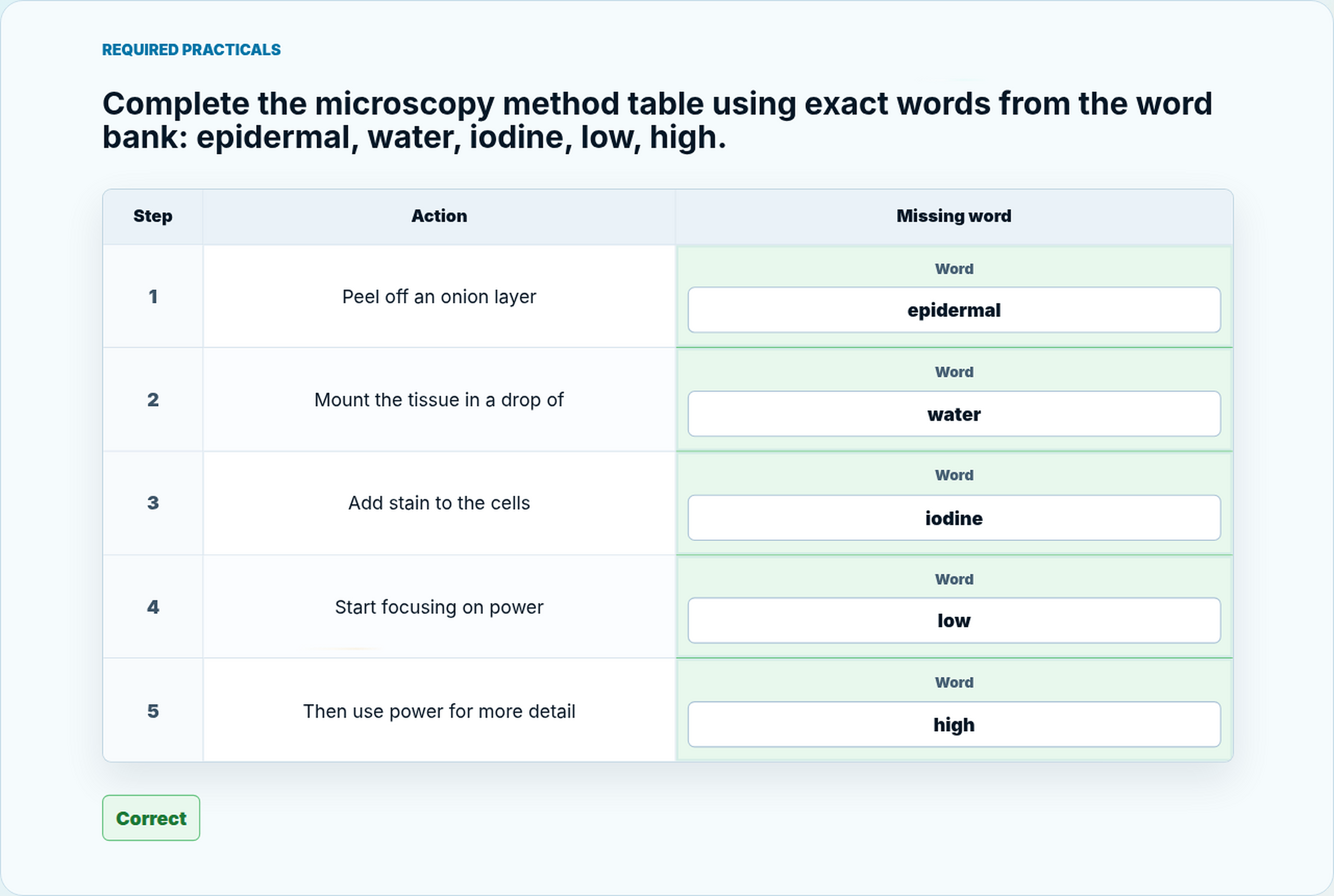 Real renderer screenshot of the microscopy table-completion question with correct answers displayed