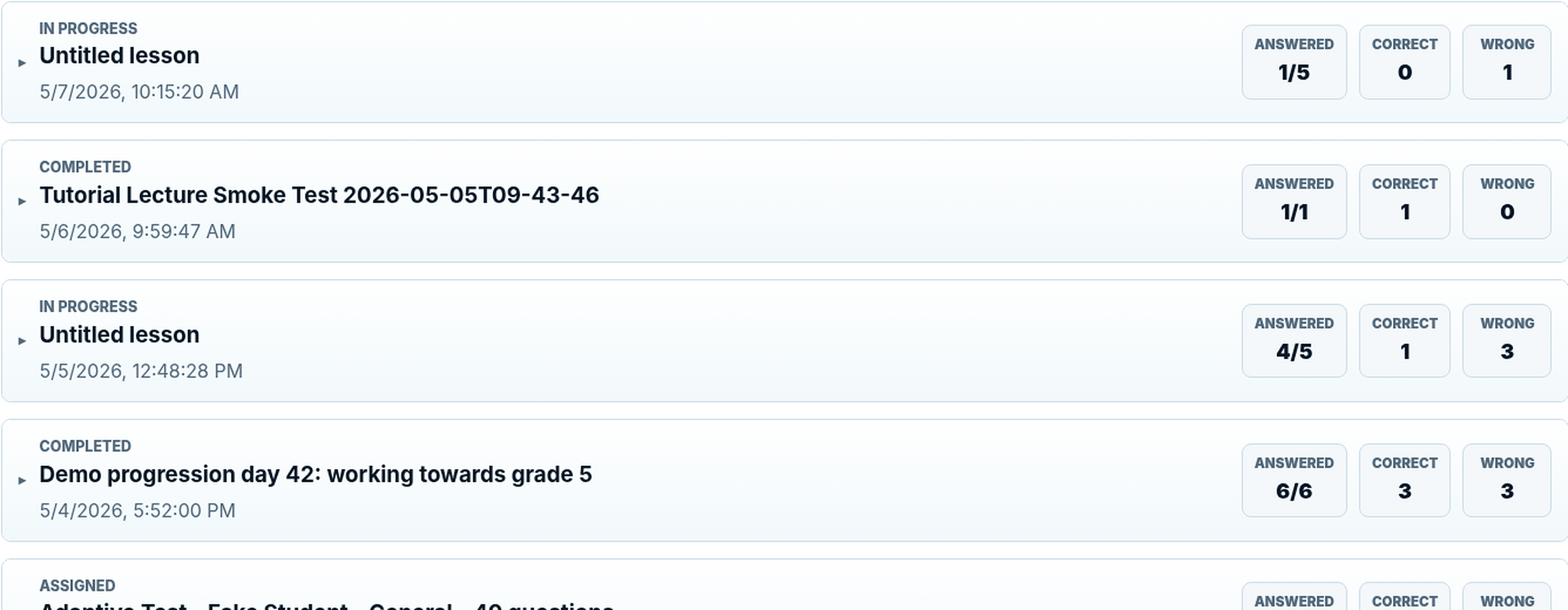 Real Tutor Zone screenshot showing previous lesson cards with answered, correct and wrong counts